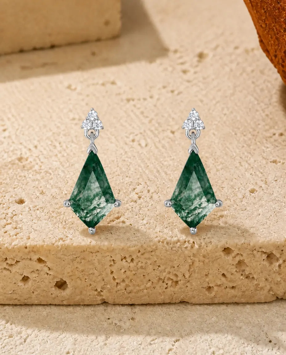 Pendientes colgantes de ágata musgosa - Talla cometa con trío de circonitas, plata de ley 925, regalo para ella