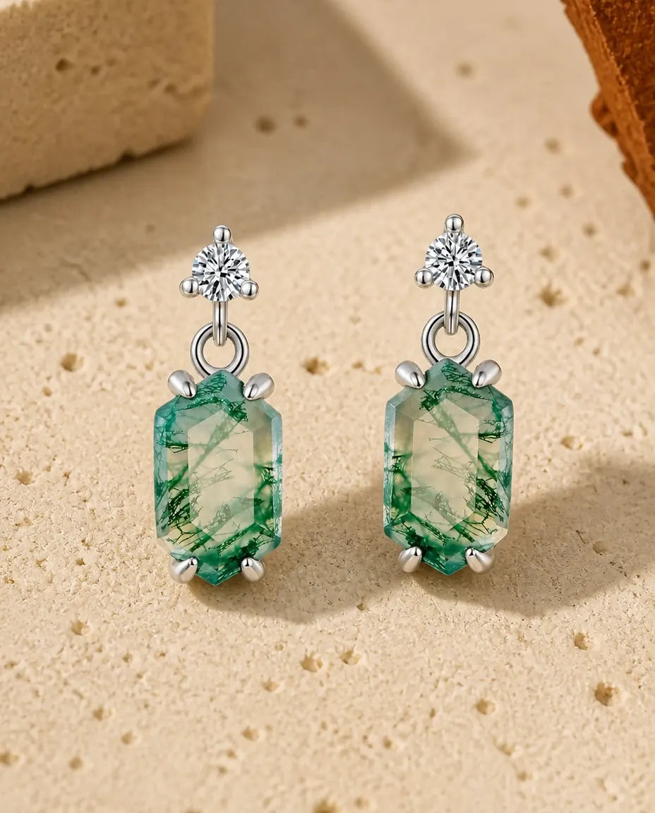 Pendientes colgantes de ágata musgosa - Octógono alargado con circonita, plata de ley 925, regalo para ella
