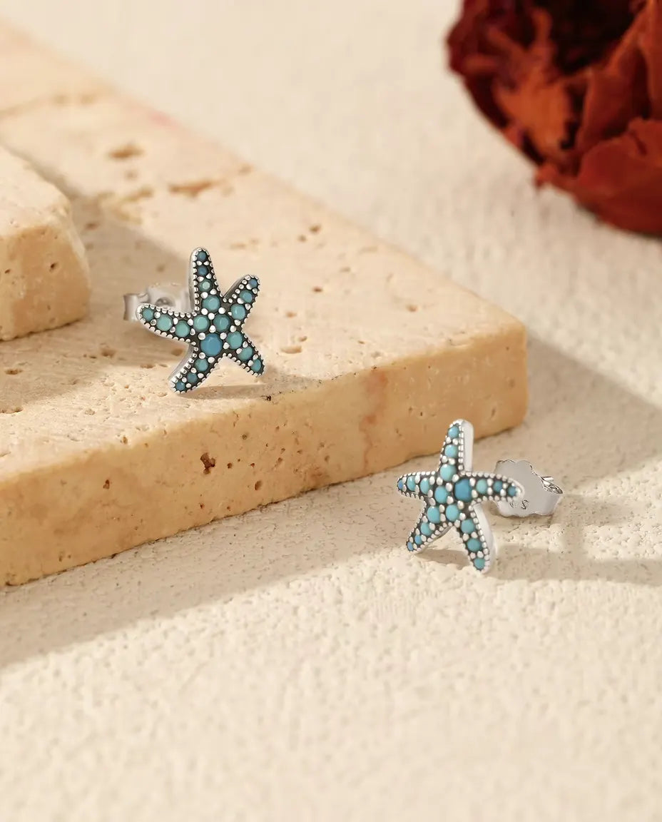 Pendientes Estrella de Mar Turquesa para Mujer - 10 mm en plata de ley 925 envejecida con pavé azul turquesa