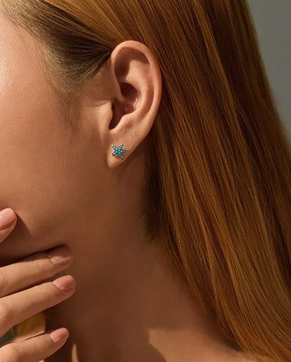 Pendientes Estrella de Mar Turquesa para Mujer - 10 mm en plata de ley 925 envejecida con pavé azul turquesa