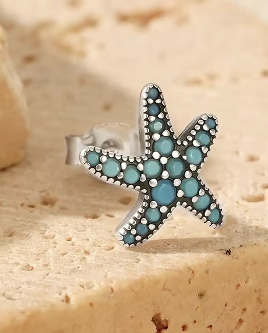 Pendientes Estrella de Mar Turquesa para Mujer - 10 mm en plata de ley 925 envejecida con pavé azul turquesa