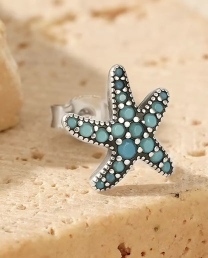 Pendientes Estrella de Mar Turquesa para Mujer - 10 mm en plata de ley 925 envejecida con pavé azul turquesa