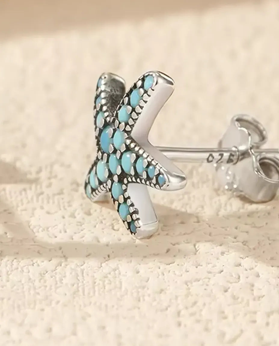 Pendientes Estrella de Mar Turquesa para Mujer - 10 mm en plata de ley 925 envejecida con pavé azul turquesa