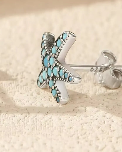 Pendientes Estrella de Mar Turquesa para Mujer - 10 mm en plata de ley 925 envejecida con pavé azul turquesa