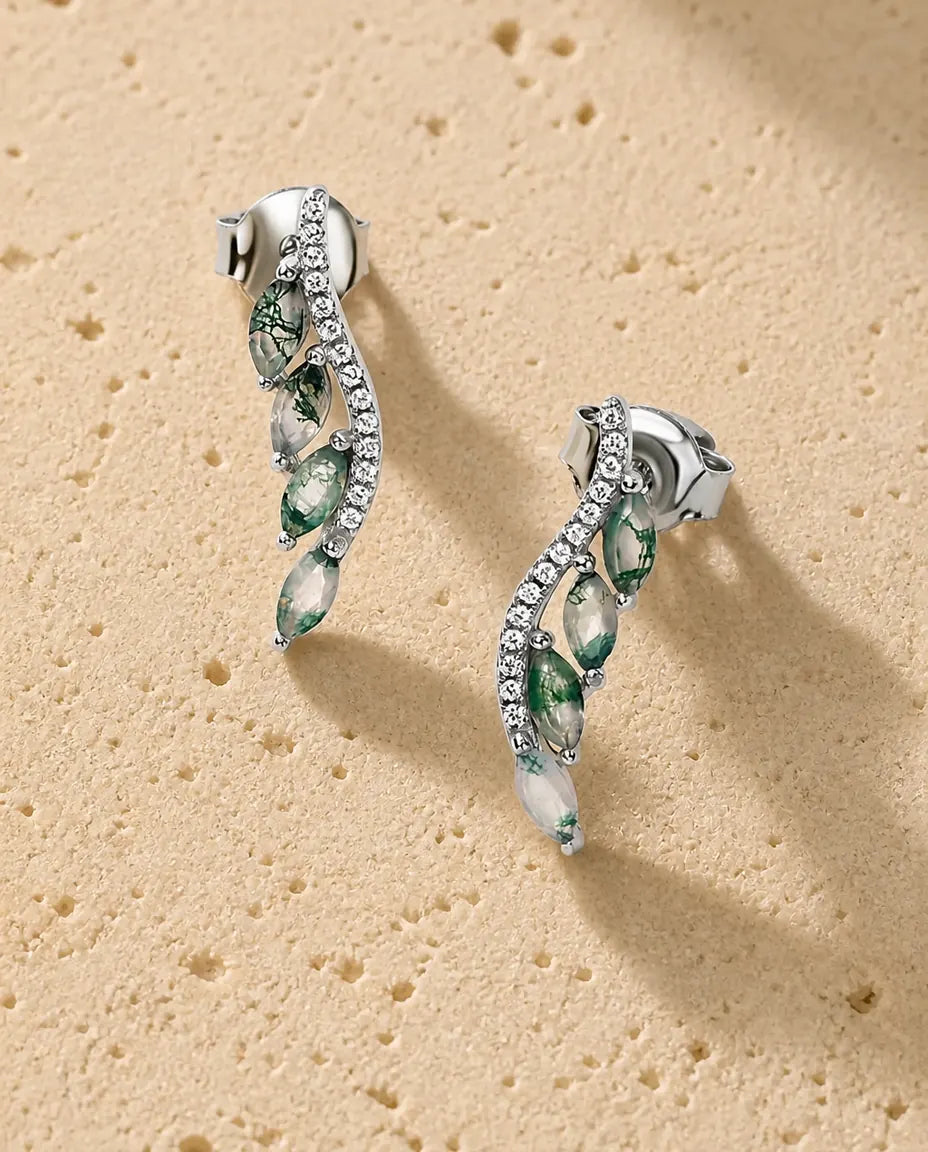 Pendientes trepadores de ágata musgosa - Cuatro piedras marquesa sobre una curva de circonitas, plata 925, regalo para ella