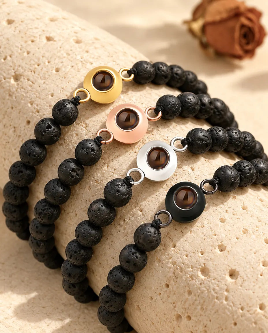 Pulseras de bolas de piedra volcánica negra con aro dorado, color oro rosa, plateado y negro