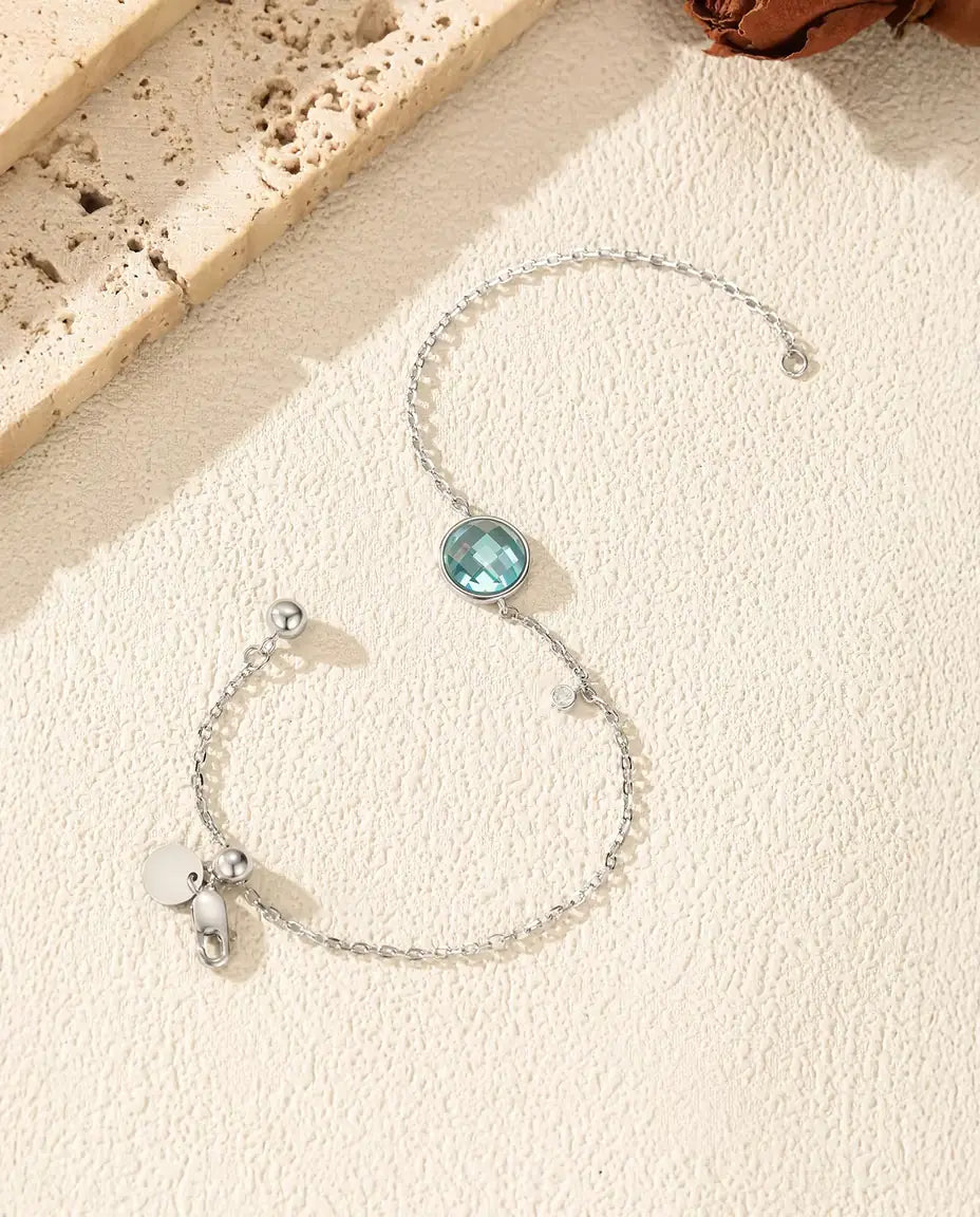 Pulsera con Circonita Azul - talla damero de 8 mm en cadena forzada con cierre corredizo, plata de ley 925