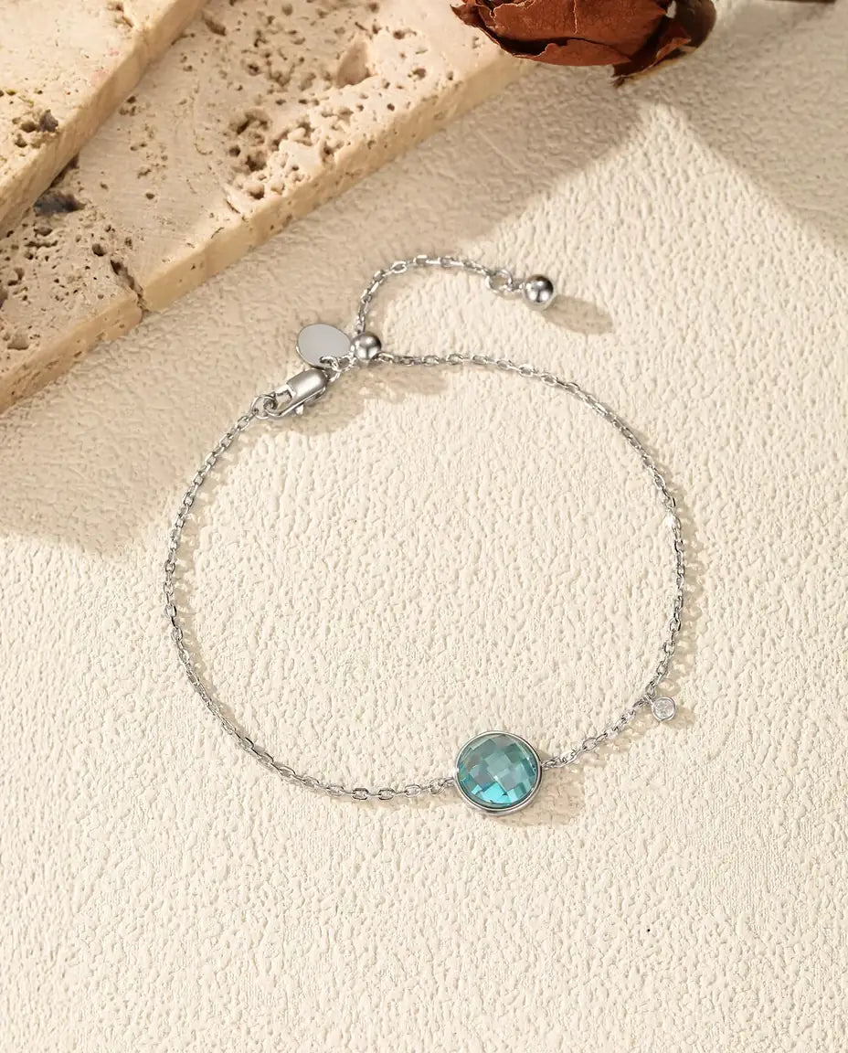 Pulsera con Circonita Azul - talla damero de 8 mm en cadena forzada con cierre corredizo, plata de ley 925