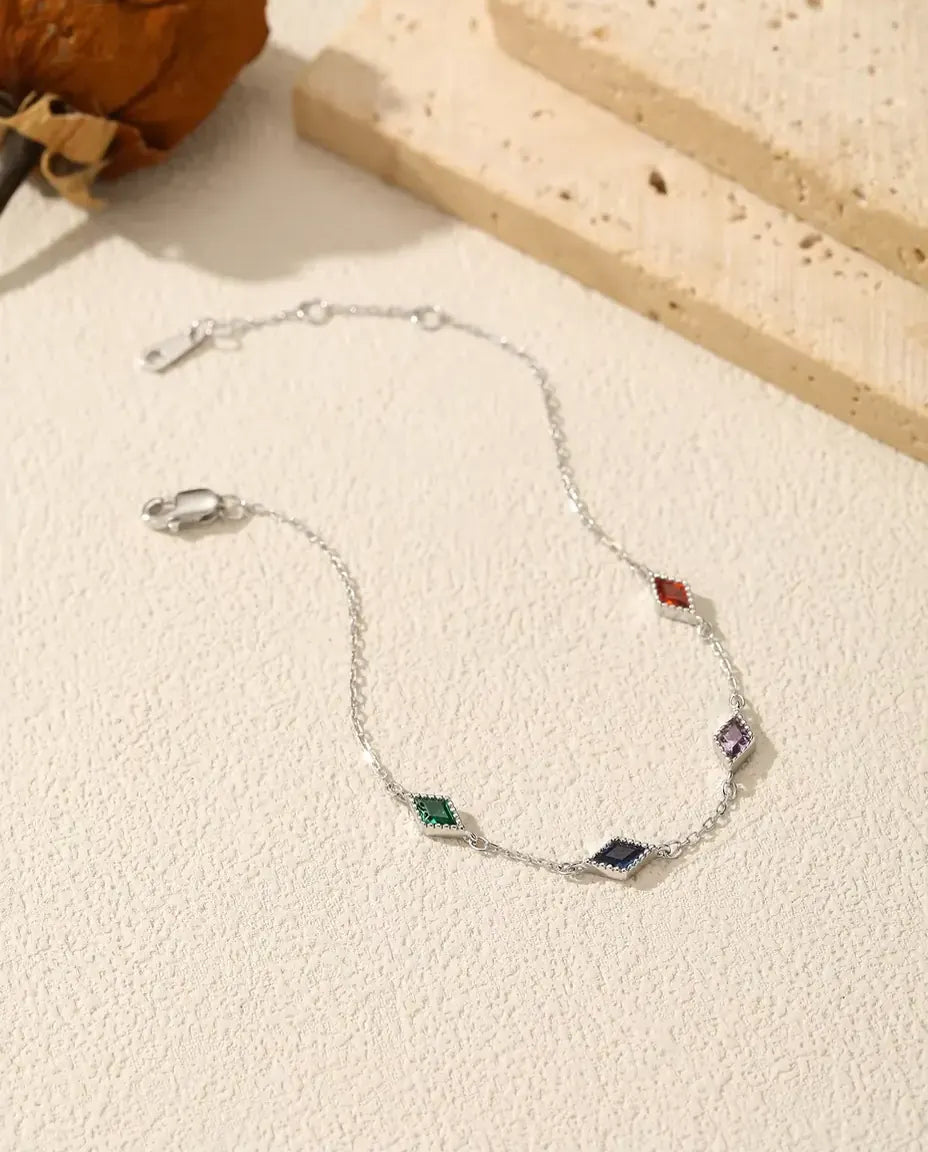 Pulsera de circonitas de colores - Plata de ley 925, cinco piedras rombo en rojo, verde, violeta y azul