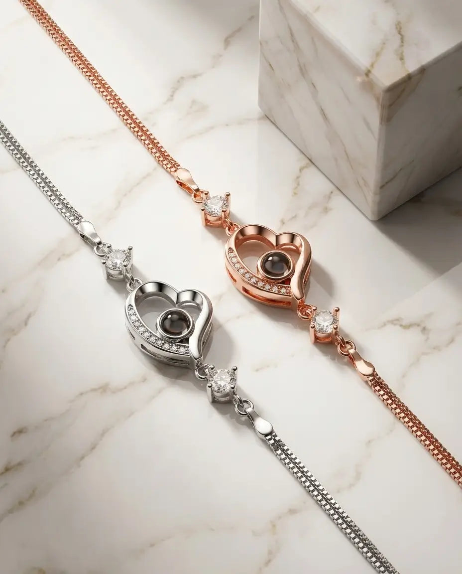 Pulsera con foto dentro – charm de corazón y doble cadena fina, en plateado u oro rosa, regalo para ella