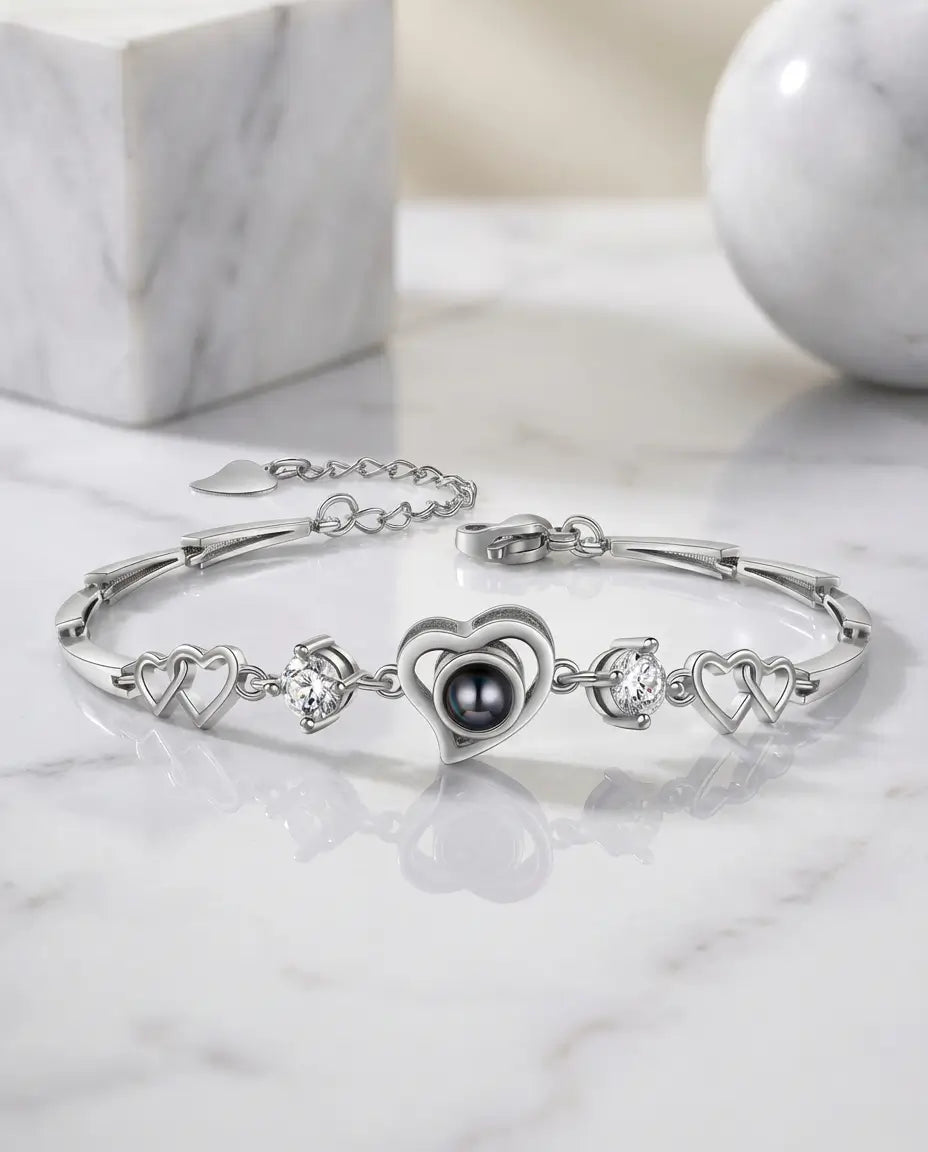 Pulsera con Foto Dentro – Corazón Orlado de Circonitas y Eslabones Entrelazados, Regalo para Ella