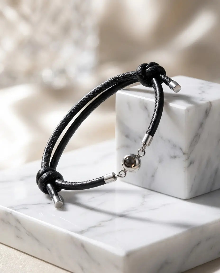 Pulsera con foto dentro – cuero trenzado y bola de acero inoxidable, largo ajustable, unisex