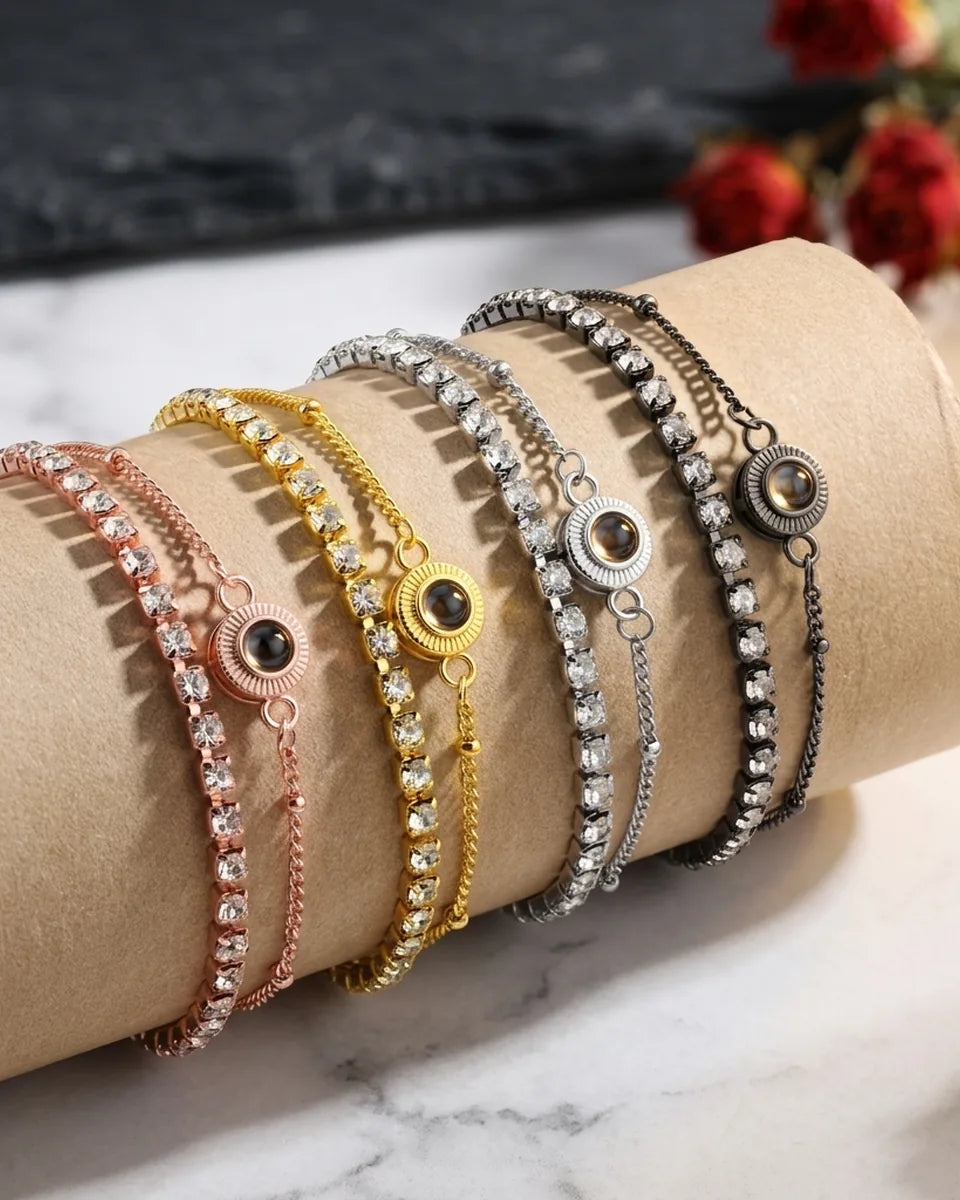 Pulsera con foto dentro – doble hilera de circonitas con baño de rodio, regalo para ella