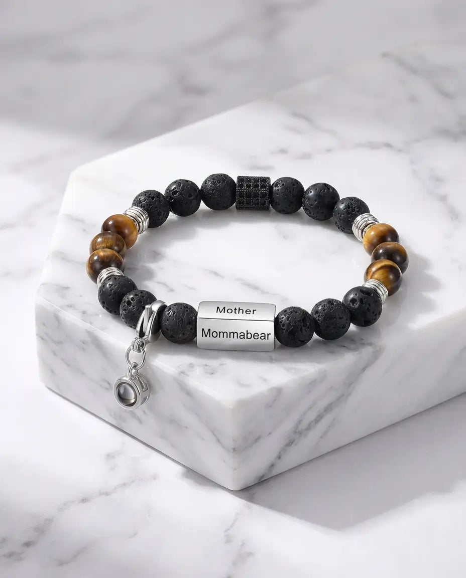 Pulsera con foto dentro – ojo de tigre y piedra de lava, barra grabada con hasta 4 nombres, regalo para él