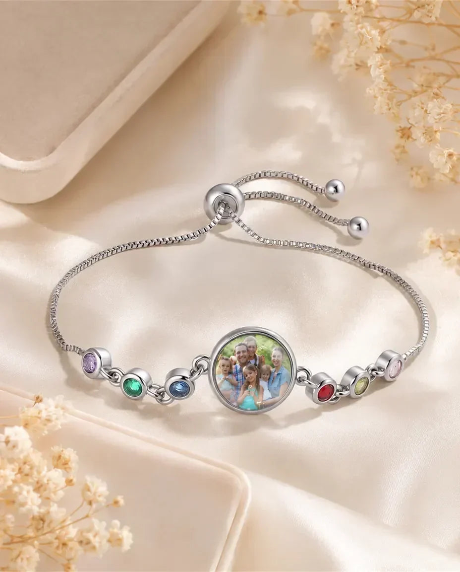 Pulsera con foto y hasta 6 piedras de nacimiento – bola de cristal, cierre corredizo, regalo para mamá y abuela
