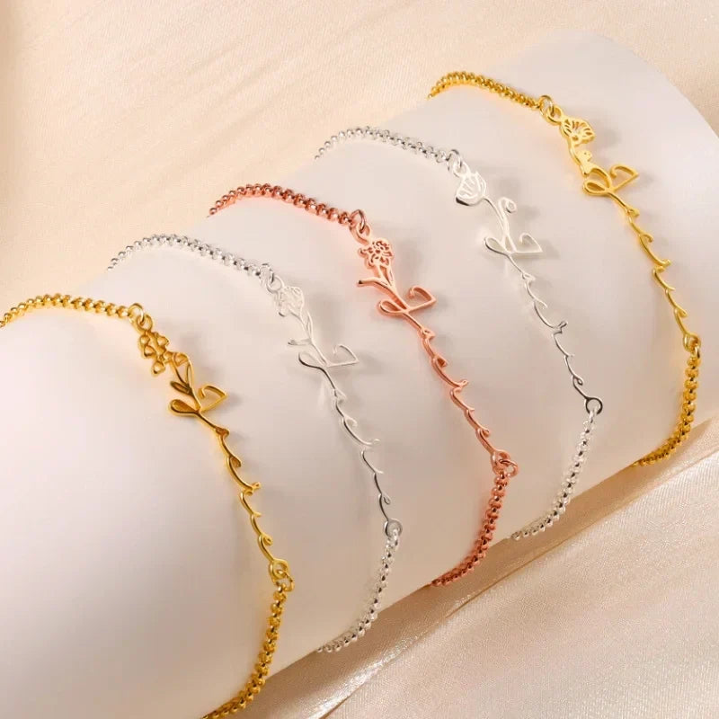 Pulsera con nombre y flor de nacimiento – cobre en plateado, dorado u oro rosa, regalo para ella o para mamá