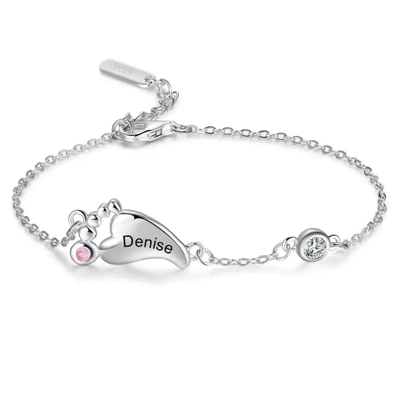 Pulsera con nombre grabado – colgante de pies de bebé, hasta 3 piedras de nacimiento, plata de ley 925