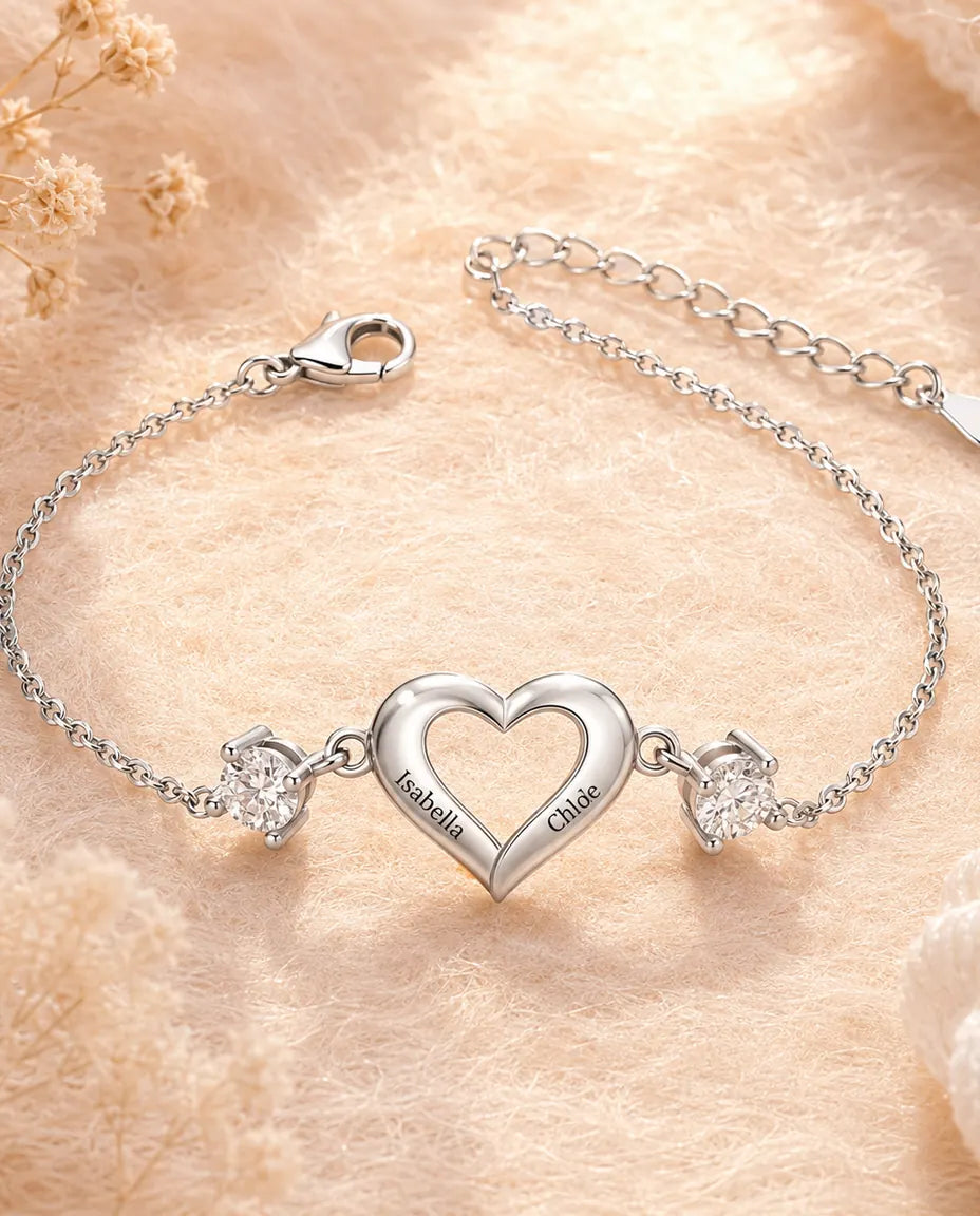 Pulsera Personalizada con 2 Piedras y 2 Nombres - corazón abierto y dos piedras de nacimiento, ajustable, rodiada