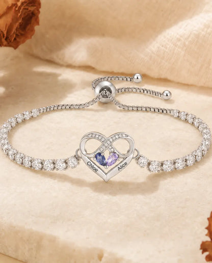 Pulsera Personalizada con 2 Piedras y 2 Nombres - pulsera tennis con corazón infinito, ajustable, rodiada