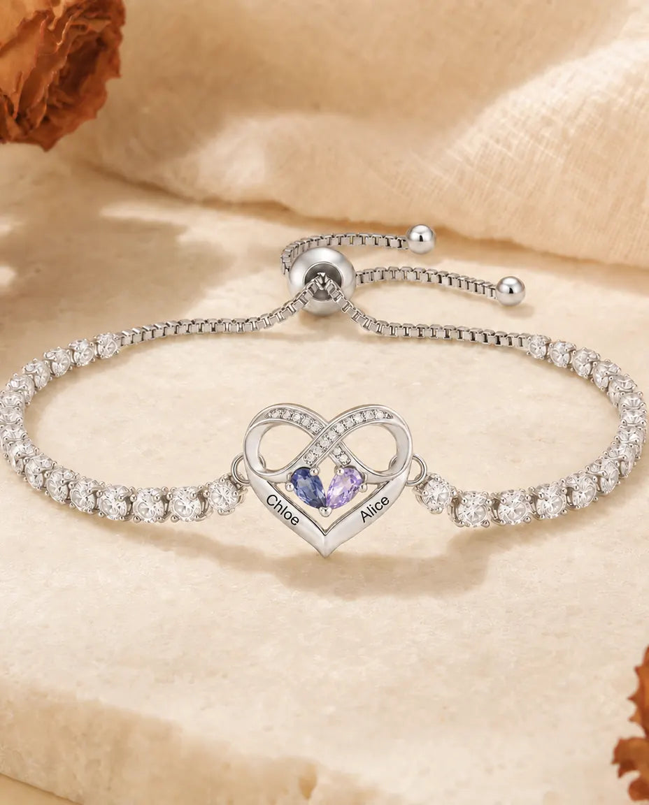 Pulsera Personalizada con 2 Piedras y 2 Nombres - pulsera tennis con corazón infinito, ajustable, rodiada