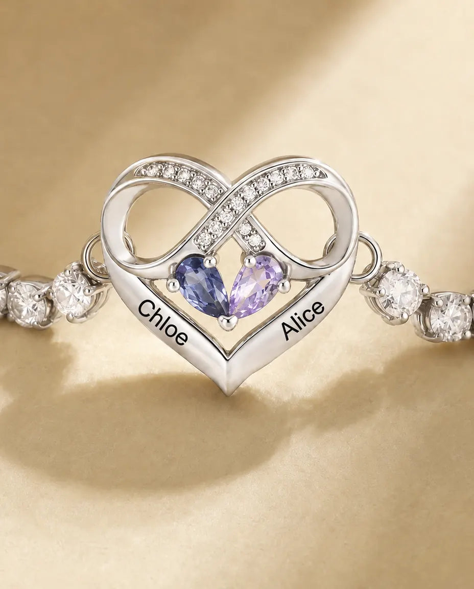 Pulsera Personalizada con 2 Piedras y 2 Nombres - pulsera tennis con corazón infinito, ajustable, rodiada