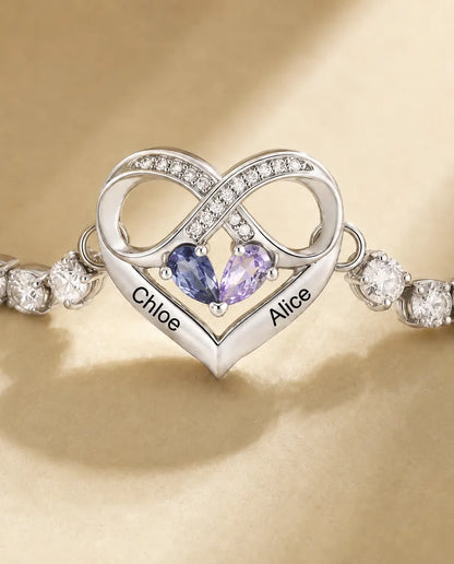Pulsera Personalizada con 2 Piedras y 2 Nombres - pulsera tennis con corazón infinito, ajustable, rodiada