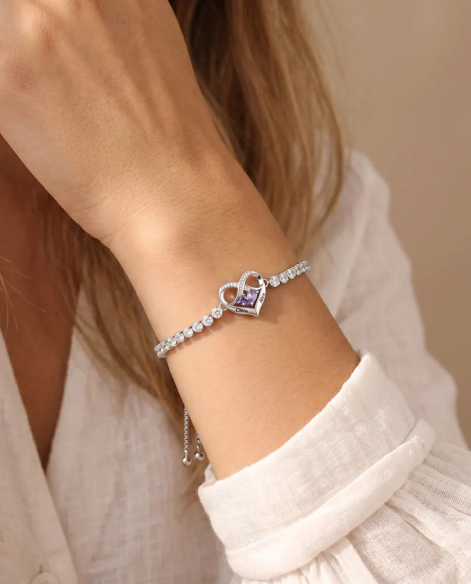 Pulsera Personalizada con 2 Piedras y 2 Nombres - pulsera tennis con corazón infinito, ajustable, rodiada