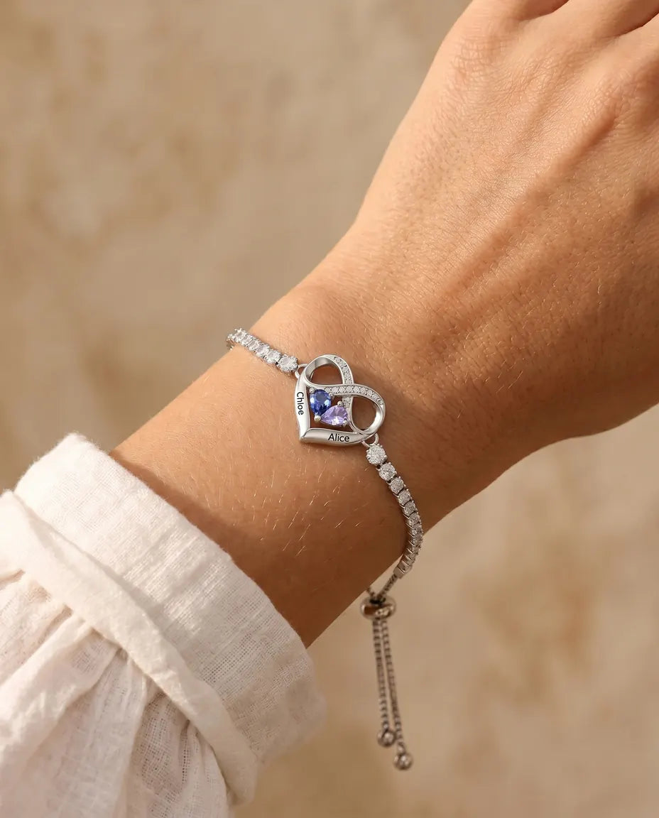 Pulsera Personalizada con 2 Piedras y 2 Nombres - pulsera tennis con corazón infinito, ajustable, rodiada