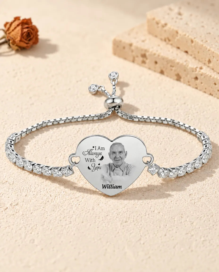 Pulsera tennis plateada con foto en corazón personalizada, grabada con un retrato, un mensaje y un nombre