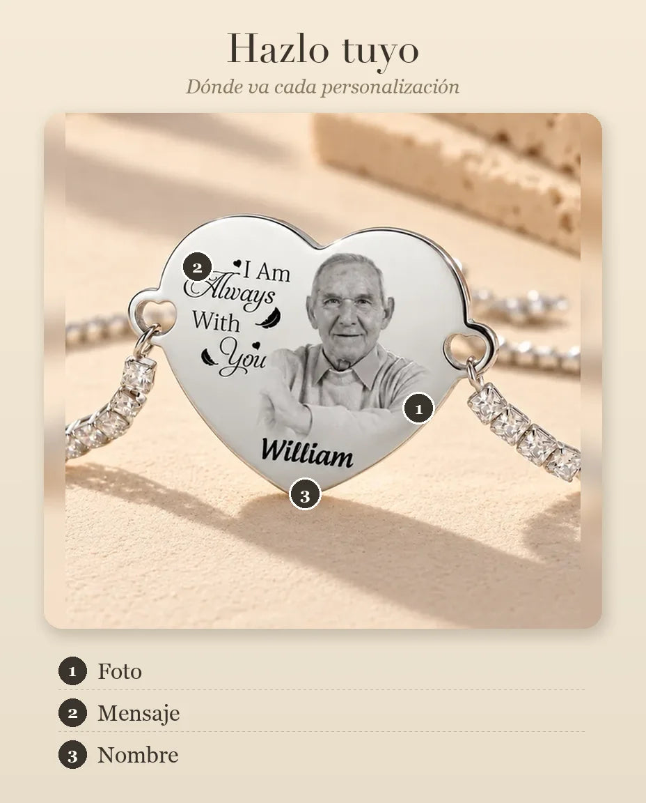 Guía de personalización de la pulsera con corazón y foto: foto, mensaje y nombre