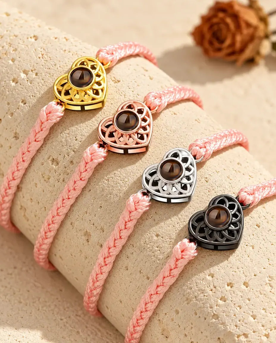 Pulseras de cordón trenzado fino rosa con corazón dorado, color oro rosa, plateado y negro