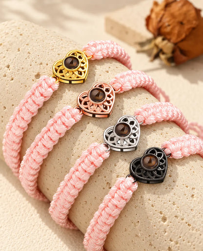 Pulseras de cordón trenzado rosa con corazón dorado, color oro rosa, plateado y negro