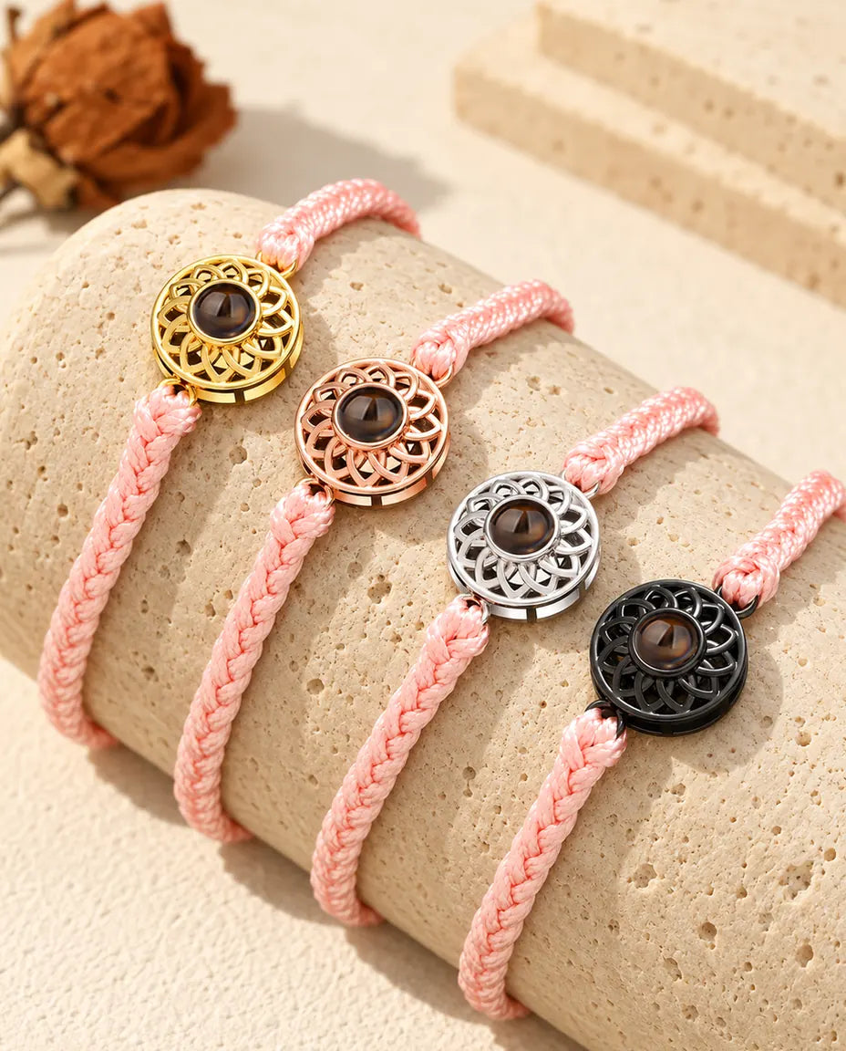 Pulseras de cordón trenzado fino rosa con círculo dorado, color oro rosa, plateado y negro