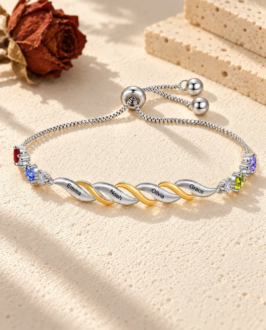 Pulsera grabada con nombres y de 2 a 4 piedras de nacimiento en forma de corazón - vista frontal