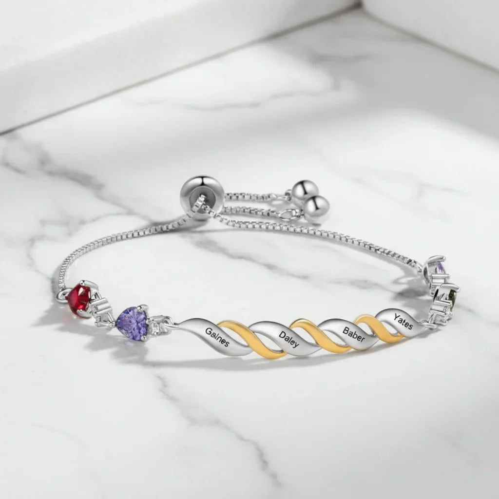 Pulsera grabada con nombres y de 2 a 4 piedras de nacimiento en forma de corazón, cadena ajustable, regalo para mamá