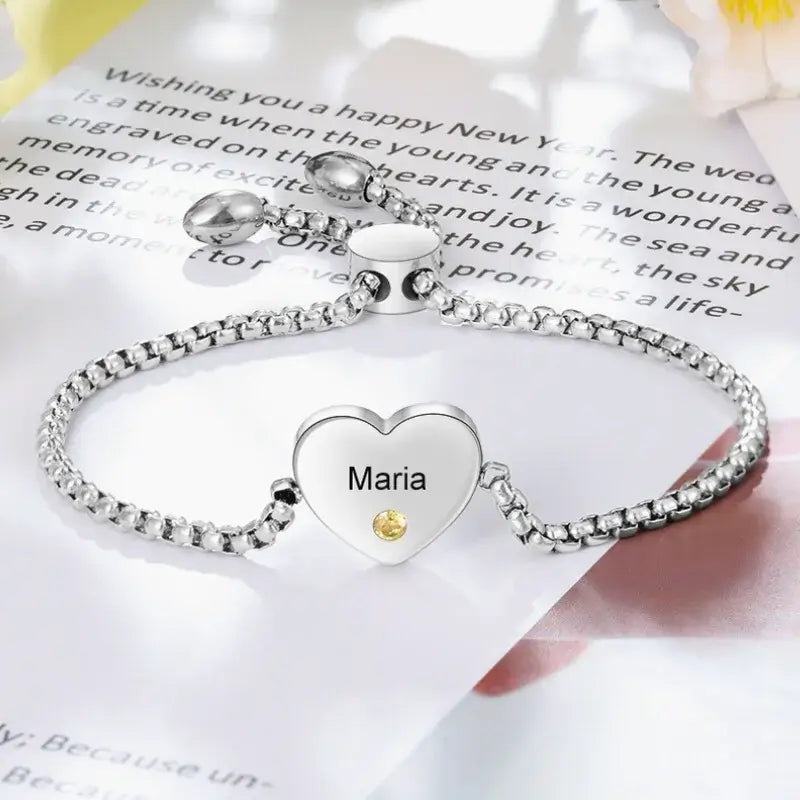 Pulsera grabada con colgante de corazón – una piedra de nacimiento y un nombre, acero inoxidable, regalo para mamá