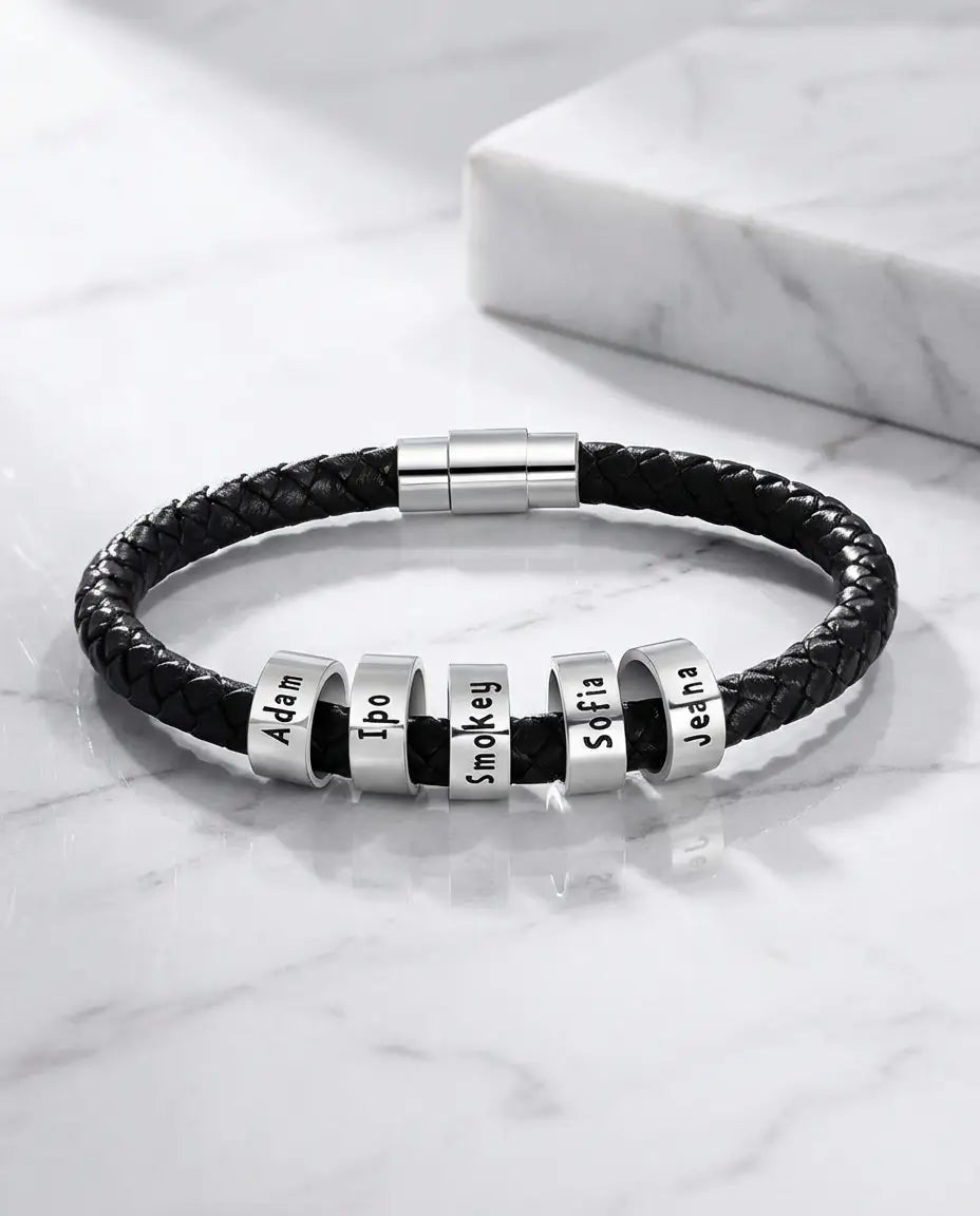 Pulsera hombre grabada – cordón trenzado con bolas de plata 925, regalo para papá y para él