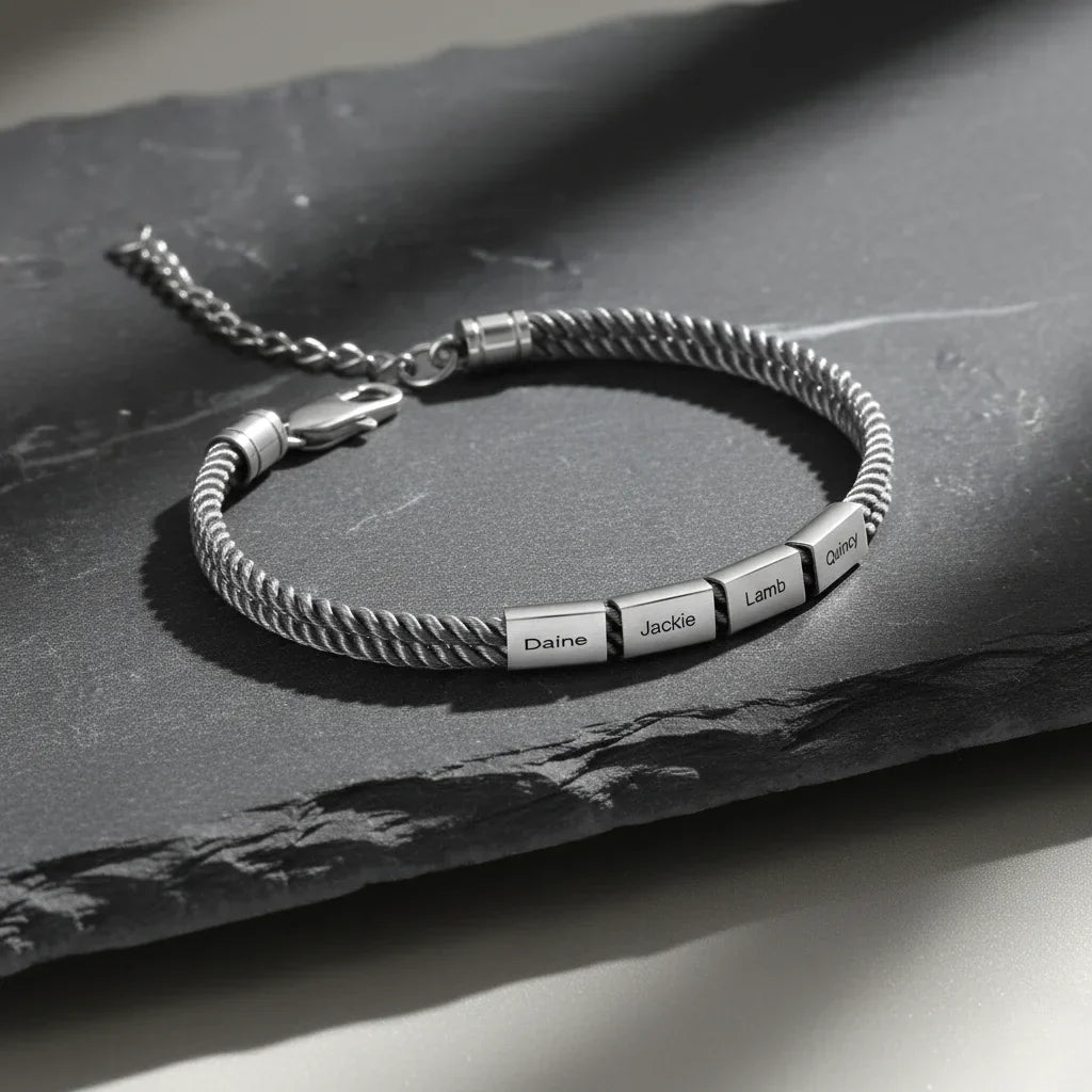 Pulsera hombre grabada – cuerda estilo marinero y placa de acero inoxidable con nombres, regalo para él