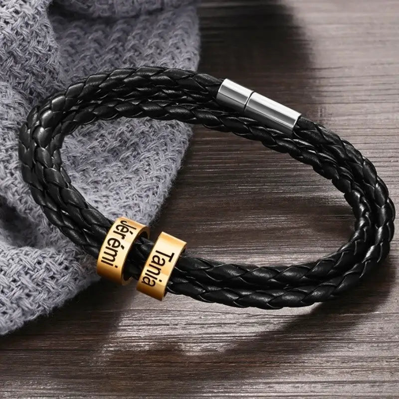 Pulsera hombre grabada – cuero negro y bolas doradas de acero, de 2 a 5 nombres, regalo para él
