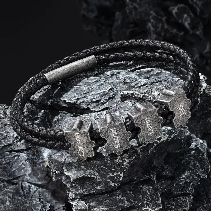 Pulsera hombre grabada – cuero negro y piezas de puzle en acero, hasta 4 nombres, regalo para él