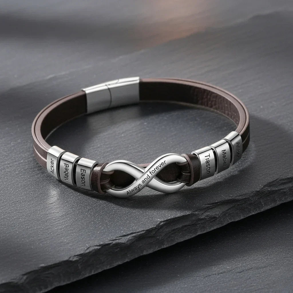 Pulsera hombre grabada – cuero con cierre de acero inoxidable, de 2 a 6 nombres, en negro o marrón