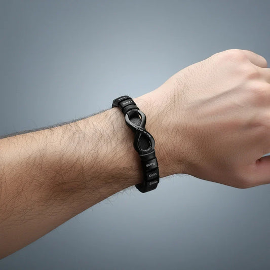 Pulsera hombre grabada – cuero con cierre de acero inoxidable, de 2 a 6 nombres, en negro o marrón