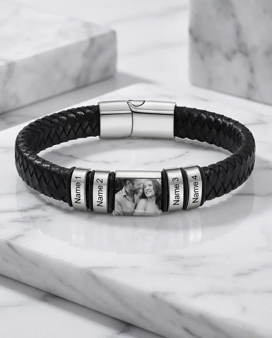 Pulsera hombre grabada – cuero trenzado negro con colgante de foto y hasta 5 nombres, regalo para papá