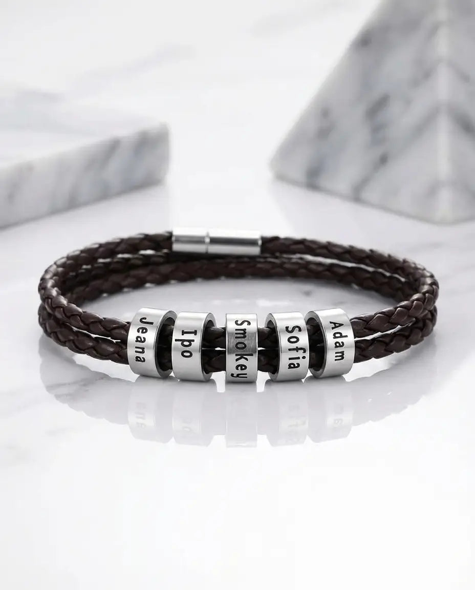 Pulsera hombre grabada – cuero trenzado marrón con bolas de plata de ley grabadas, regalo para papá o abuelo