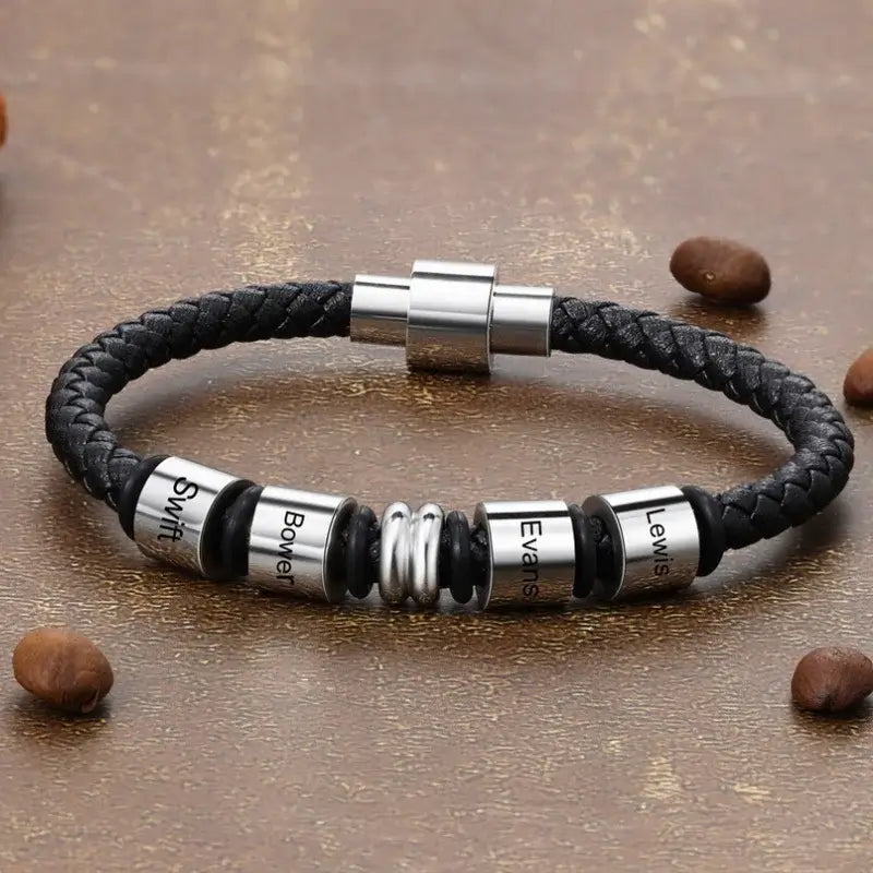 Pulsera hombre grabada – cuero negro y acero inoxidable, hasta 4 nombres, regalo para papá o pareja