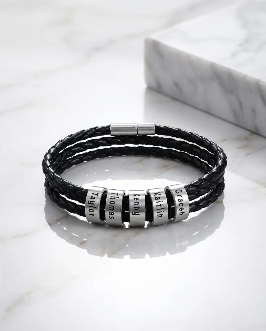 Pulsera hombre grabada – cuero auténtico trenzado con 1 a 5 bolas grabadas y cierre magnético, regalo para papá