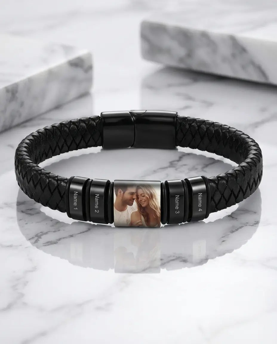 Pulsera hombre grabada – cuero trenzado con charm de foto y hasta 4 nombres, regalo para papá