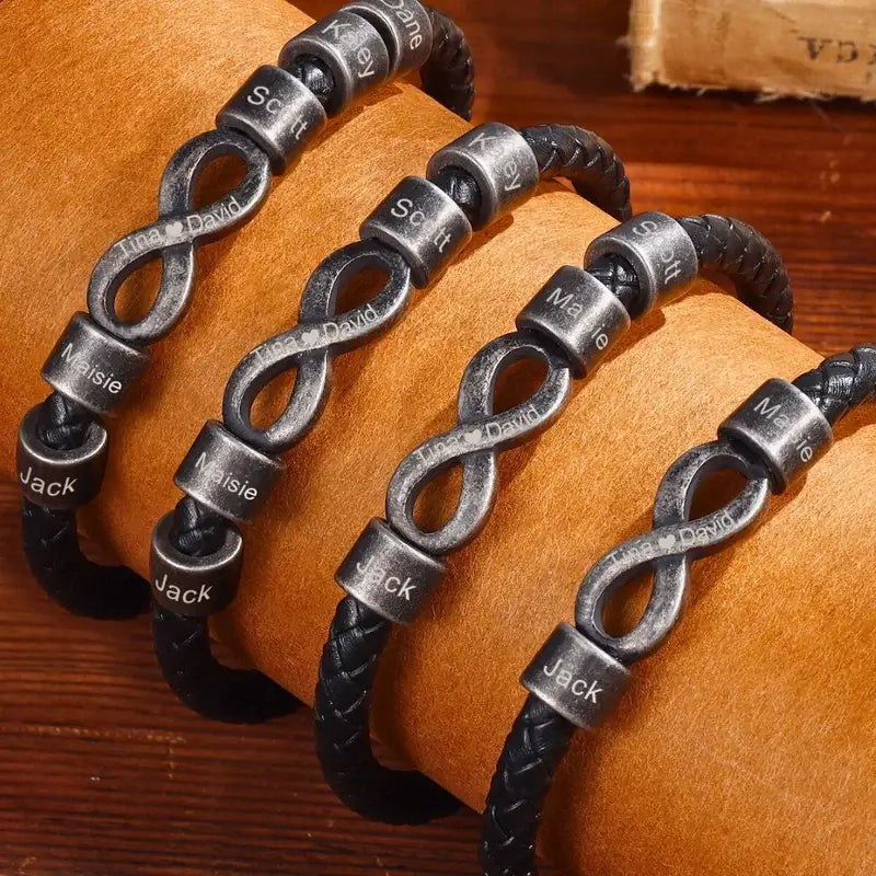 Pulsera hombre grabada – cuero negro con símbolo infinito de acero, nombres y frase, regalo para papá