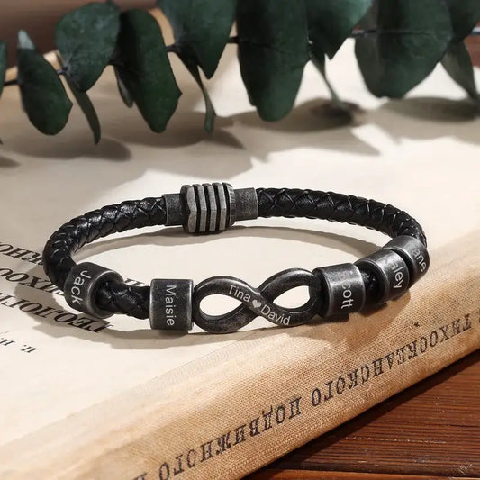 Pulsera hombre grabada – cuero negro con símbolo infinito de acero, nombres y frase, regalo para papá