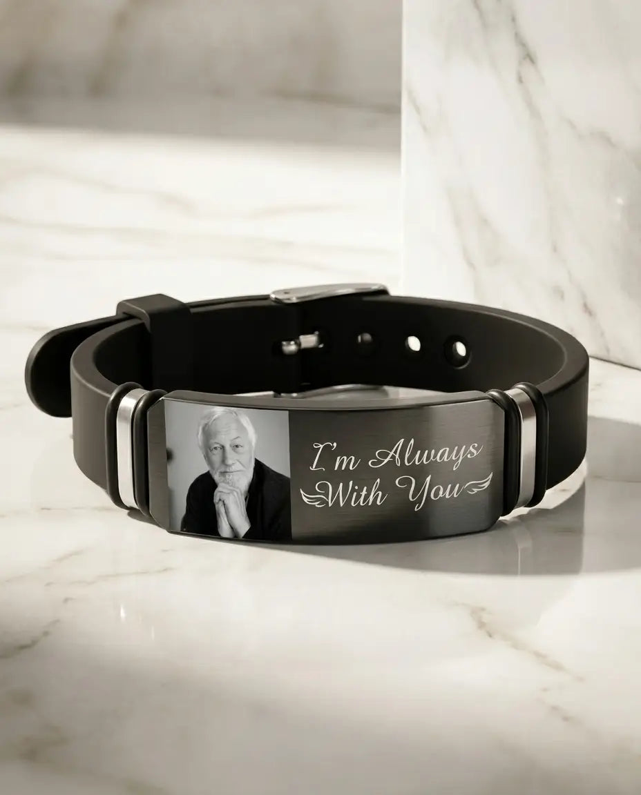 Pulsera hombre grabada – silicona flexible y placa de acero con foto dentro, regalo para él o para papá